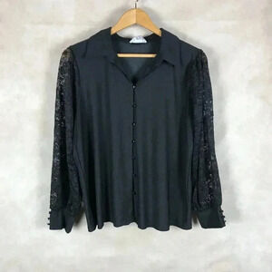 RIO & RIAN Stretchy Button Front Blouse with Lace Sleeves Large